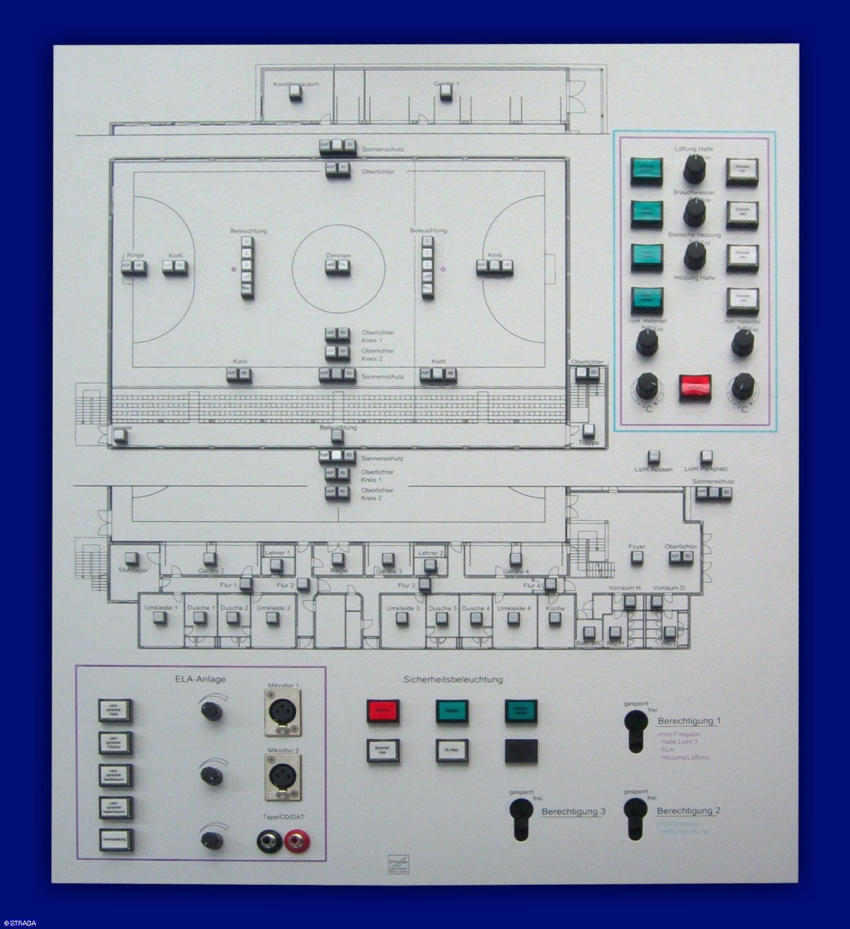 Lageplantableaus, Leuchtschaltbild, Anzeigetableau, Meldetableau, Lageplantableau und Blindschaltbild Frontplatte Alu - UP-Lageplan, 4-farbig