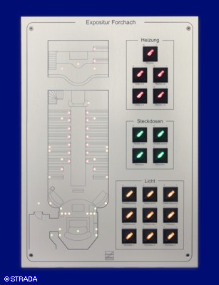 Lageplantableaus, Leuchtschaltbild, Anzeigetableau, Meldetableau, Lageplantableau und Blindschaltbild Frontplatte Alu - Lageplantableau mit bel. Drehschaltern