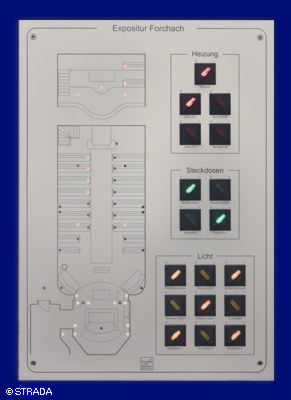 Lageplantableaus, Leuchtschaltbild, Anzeigetableau, Meldetableau, Lageplantableau und Blindschaltbild Frontplatte Alu - Lageplantableau mit bel. Drehschaltern