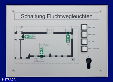 Lageplantableaus, Leuchtschaltbild, Anzeigetableau, Meldetableau, Lageplantableau und Blindschaltbild Frontplatte Alu - AP-Lageplantableau f&uuml;r Fluchwegleuchten