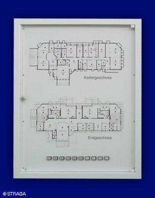 Lageplantableaus, Leuchtschaltbild, Anzeigetableau, Meldetableau, Lageplantableau und Blindschaltbild Frontplatte Alu - EIB-Tab. m. Rahmen u. T&uuml;r