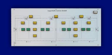 Lageplantableaus, Leuchtschaltbild, Anzeigetableau, Meldetableau, Lageplantableau und Blindschaltbild Frontplatte Alu - Beleuchtung Lagerhalle
