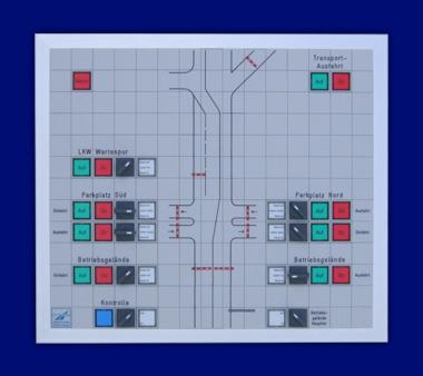 Lageplantableaus, Leuchtschaltbild, Anzeigetableau, Meldetableau, Lageplantableau und Blindschaltbild Front in Mosaiktechnik - Schrankensteuerung